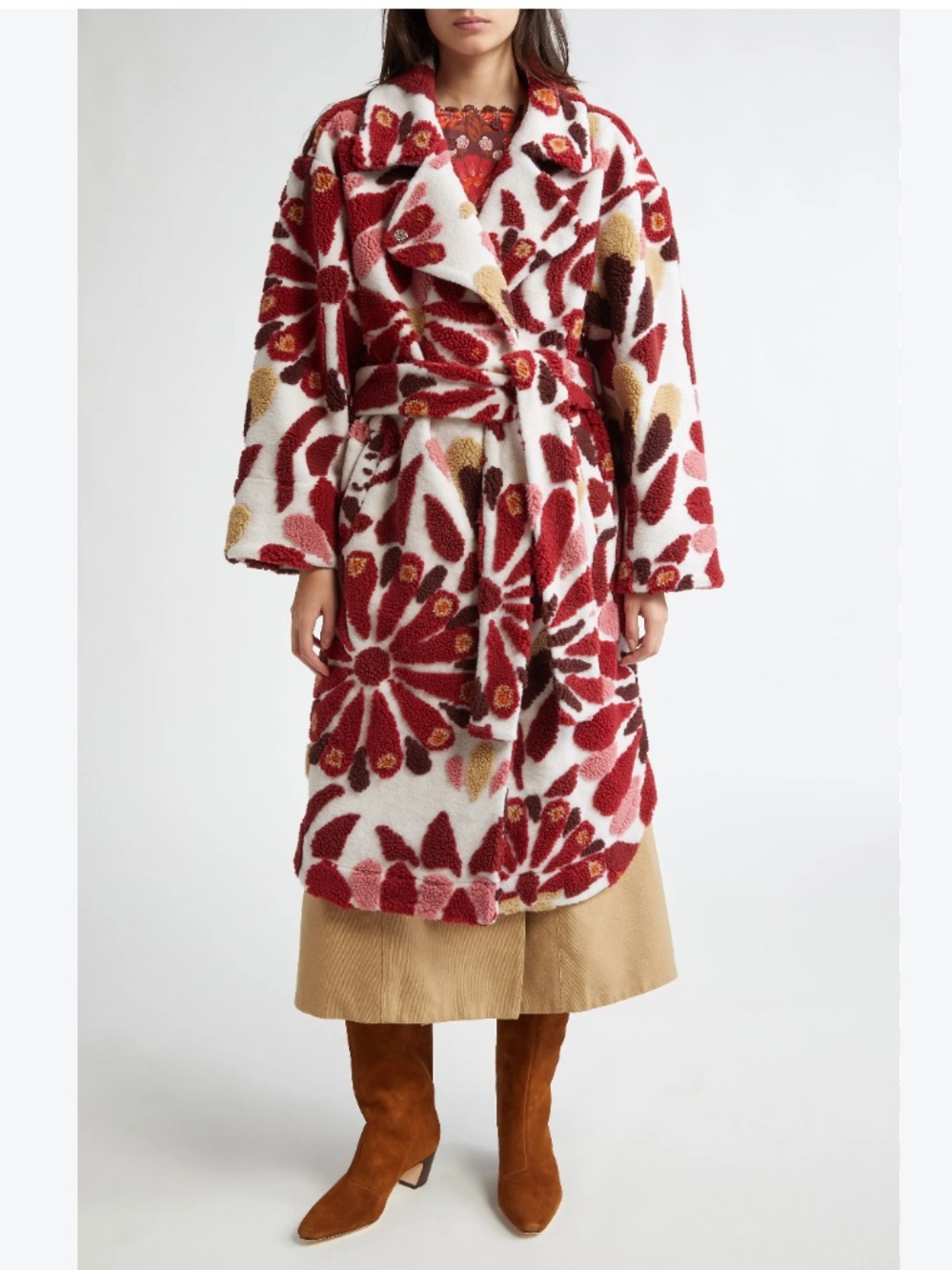 Farm Rio Teddy Coat Ainika Belted Fleece in Floral Burgundy